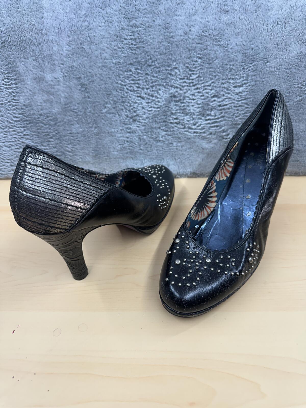 Kenzie Black Studded Heeled Pumps with Sculpted Heel and Purple Interior Y2K