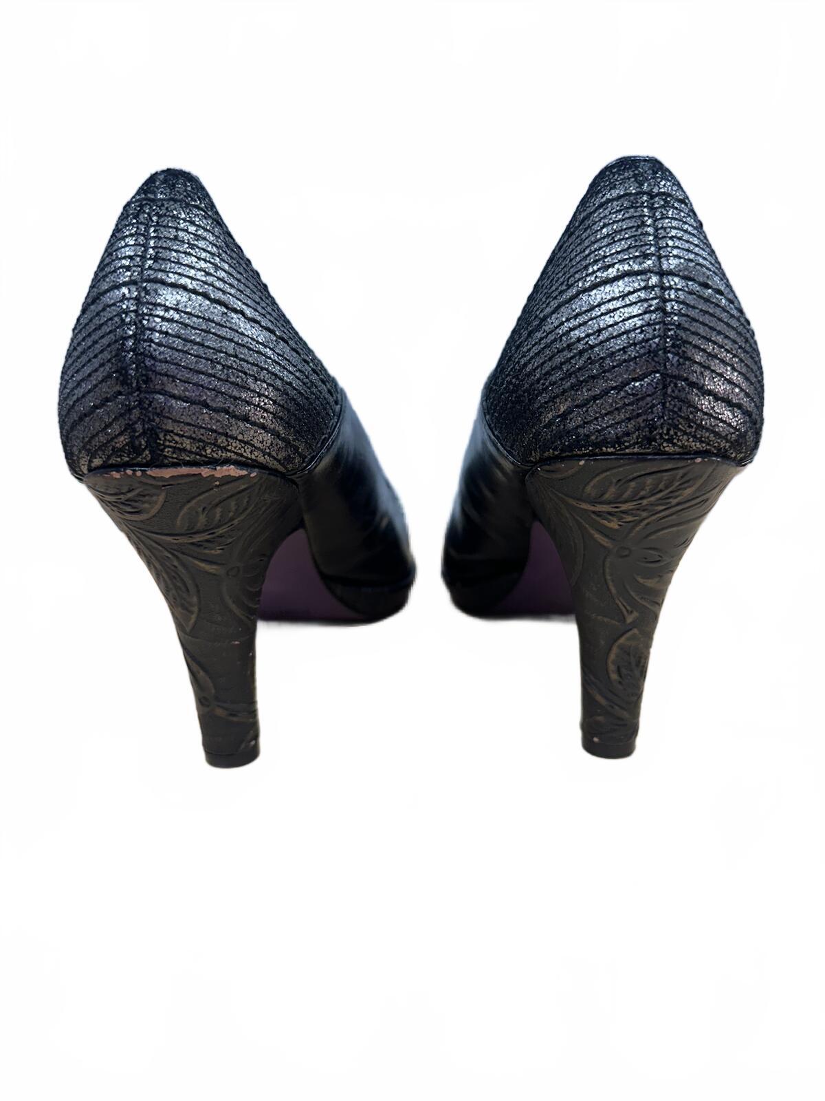 Kenzie Black Studded Heeled Pumps with Sculpted Heel and Purple Interior Y2K
