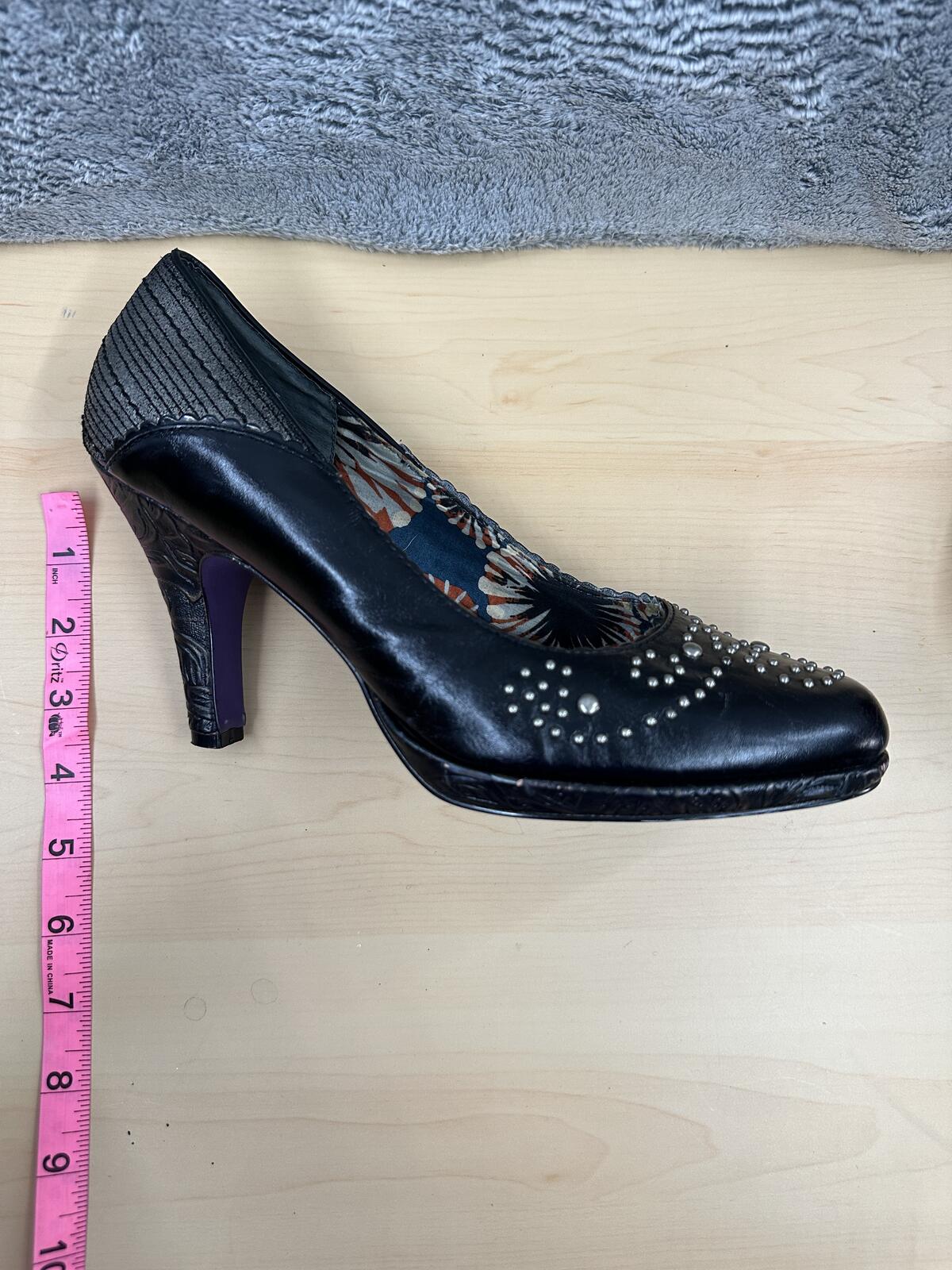 Kenzie Black Studded Heeled Pumps with Sculpted Heel and Purple Interior Y2K