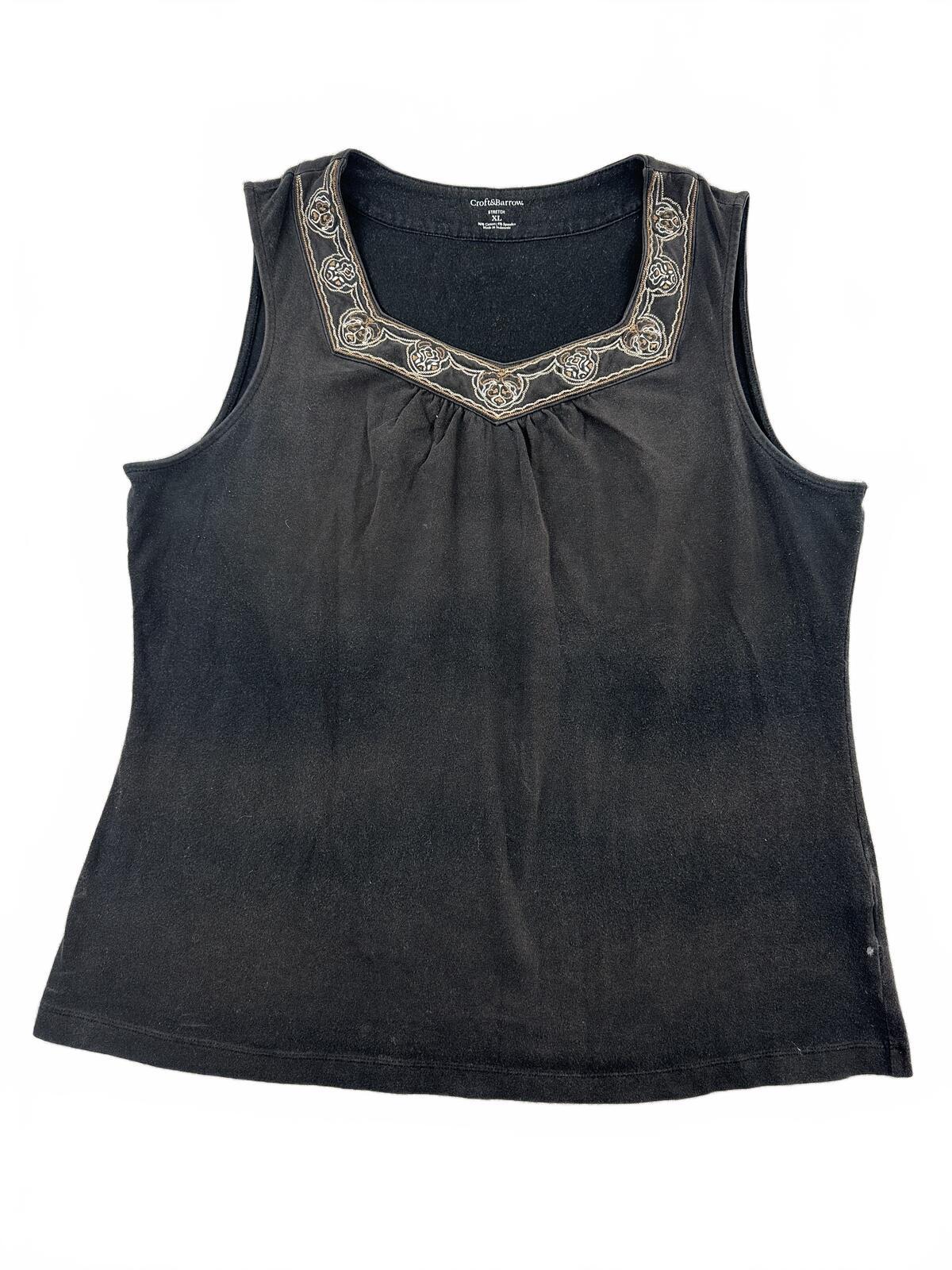 Croft & Barrow Black Embroidered Neckline Sleeveless Top