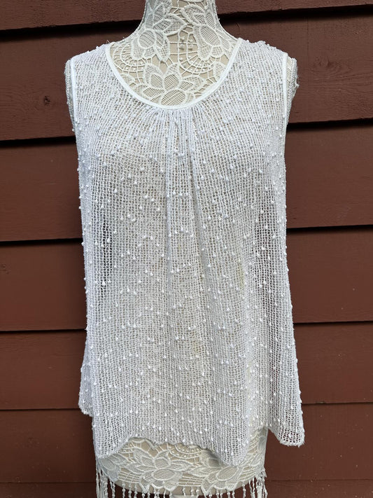 Y2K Fairycore Mesh Tank Top with Silver Sequins Sleeveless White