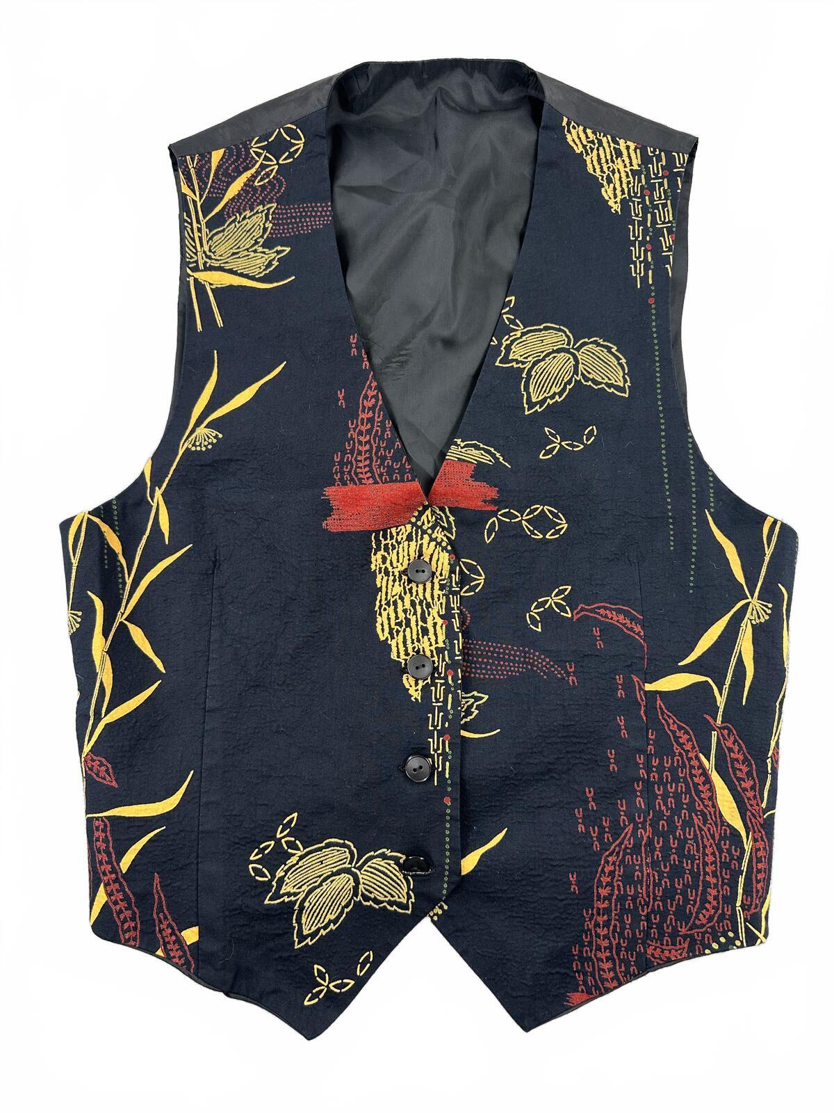 Vintage Printed Vest Black Multi Floral Artsy Waistcoat