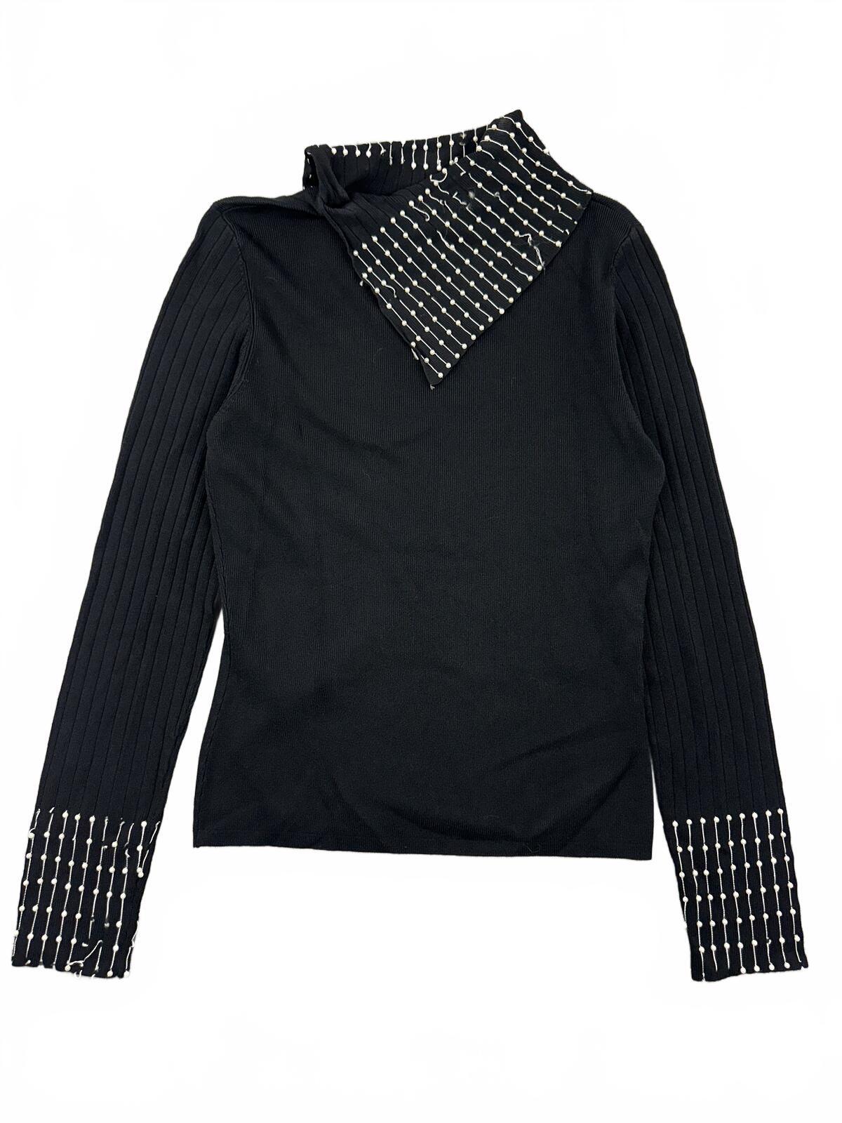 CABO Black Beaded Mock Neck Long Sleeve Top Y2K Glam Statement