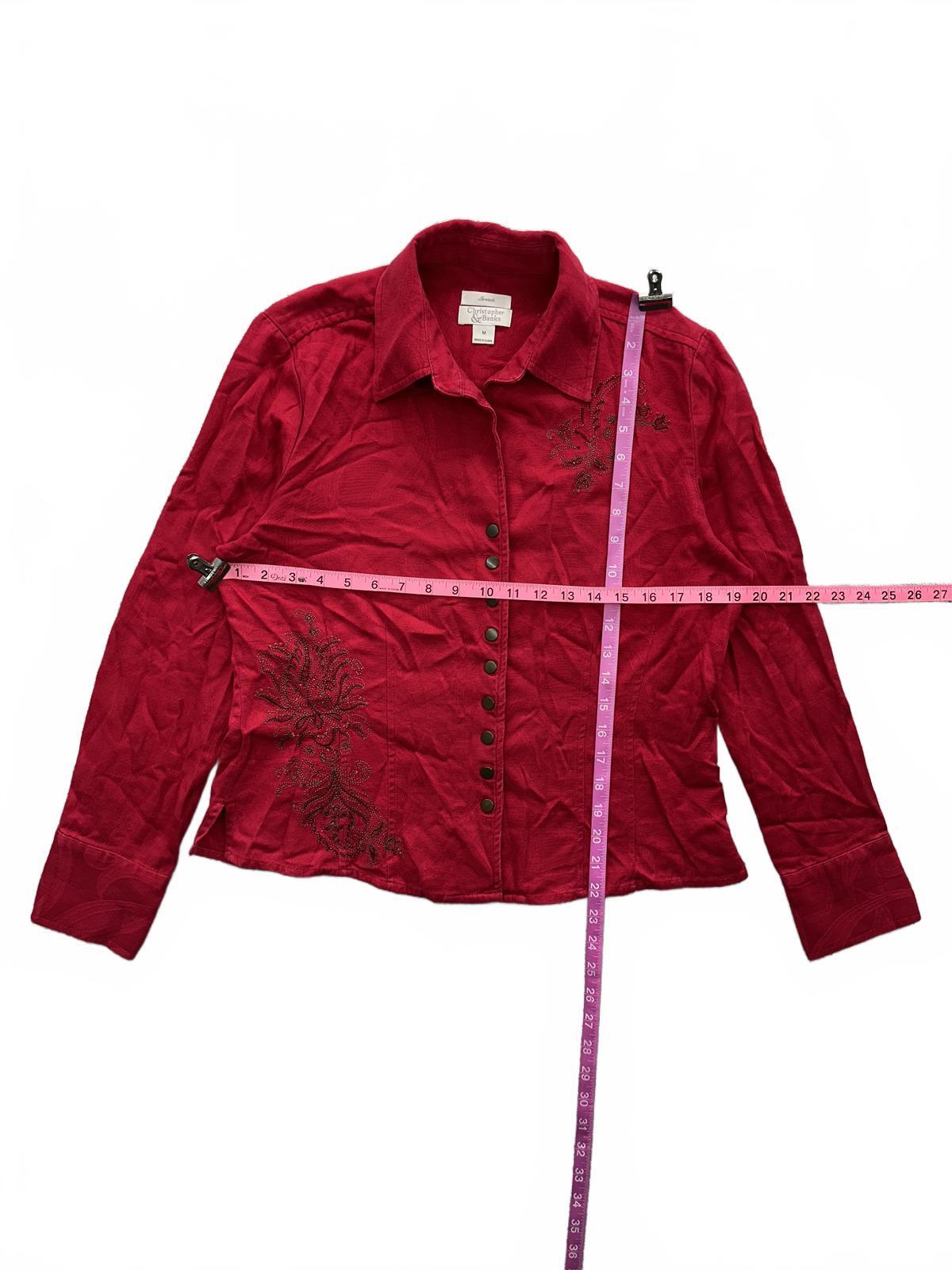 Christopher & Banks Red Embroidered Stretch Button Up Blouse