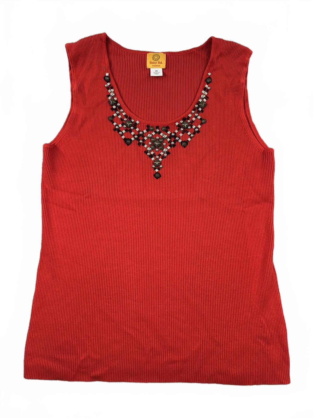 Ruby Rd Woman Sleeveless Ribbed Knit Tank Top with Beaded Jeweled Neckline