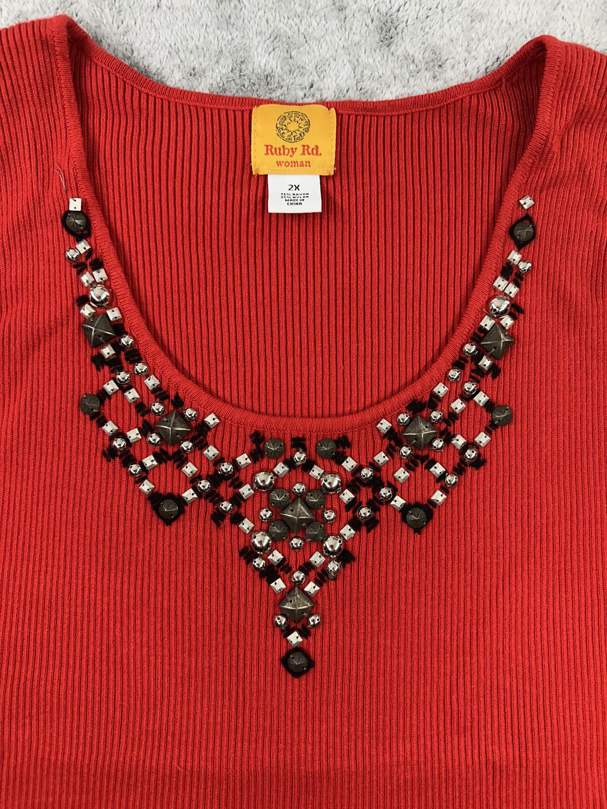 Ruby Rd Woman Sleeveless Ribbed Knit Tank Top with Beaded Jeweled Neckline