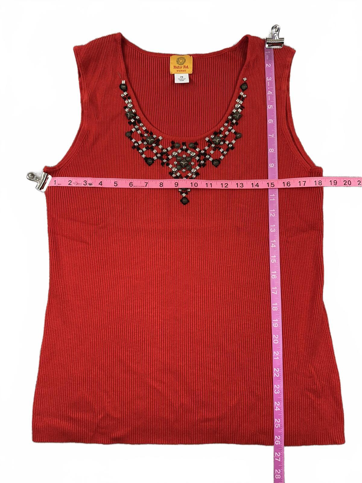 Ruby Rd Woman Sleeveless Ribbed Knit Tank Top with Beaded Jeweled Neckline