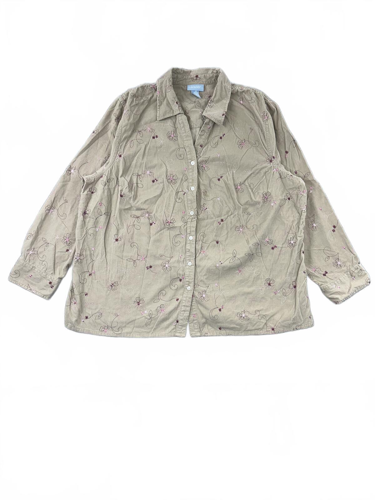 LIZ&ME Embroidered Floral Cotton Button Up Shirt Beige Boho Cottage