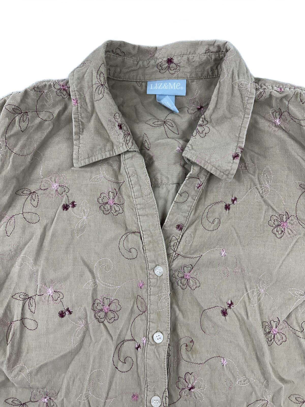 LIZ&ME Embroidered Floral Cotton Button Up Shirt Beige Boho Cottage