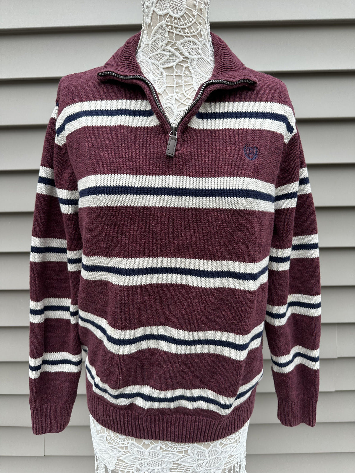 Chaps Quarter Zip Sweater Burgundy Striped Classic