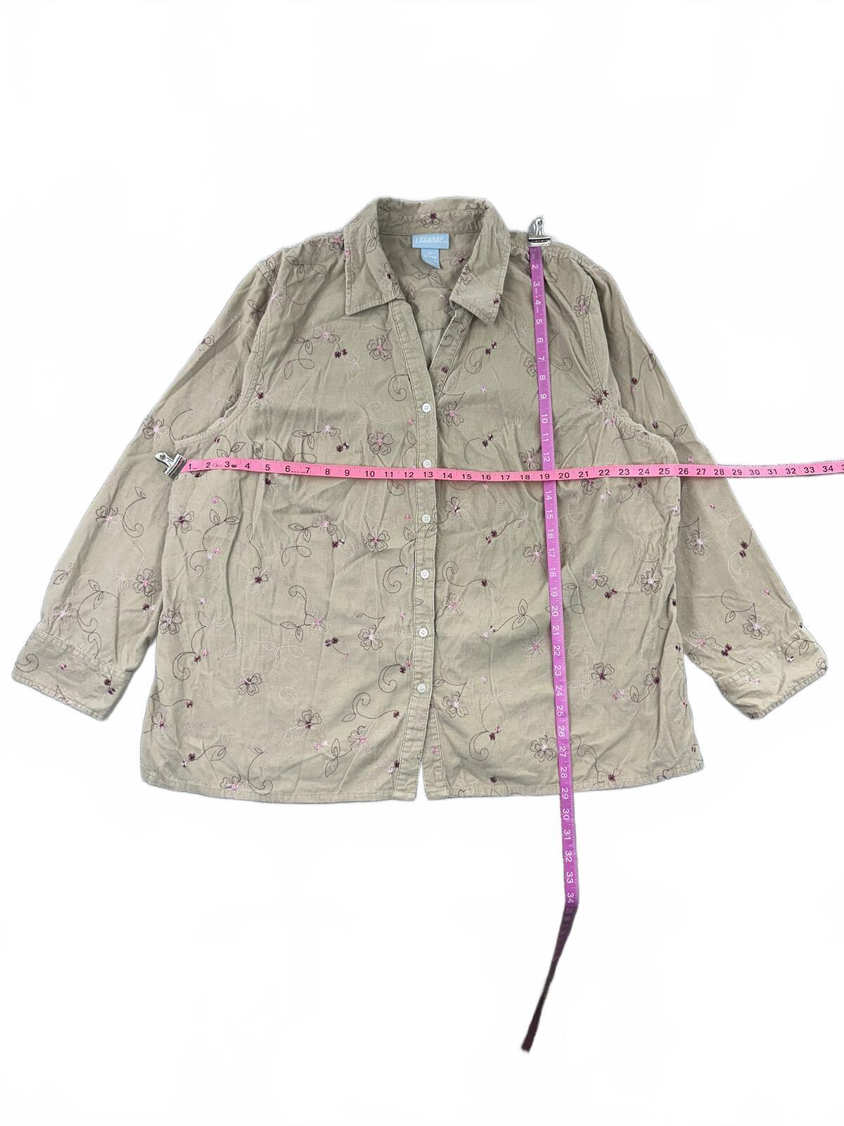 LIZ&ME Embroidered Floral Cotton Button Up Shirt Beige Boho Cottage