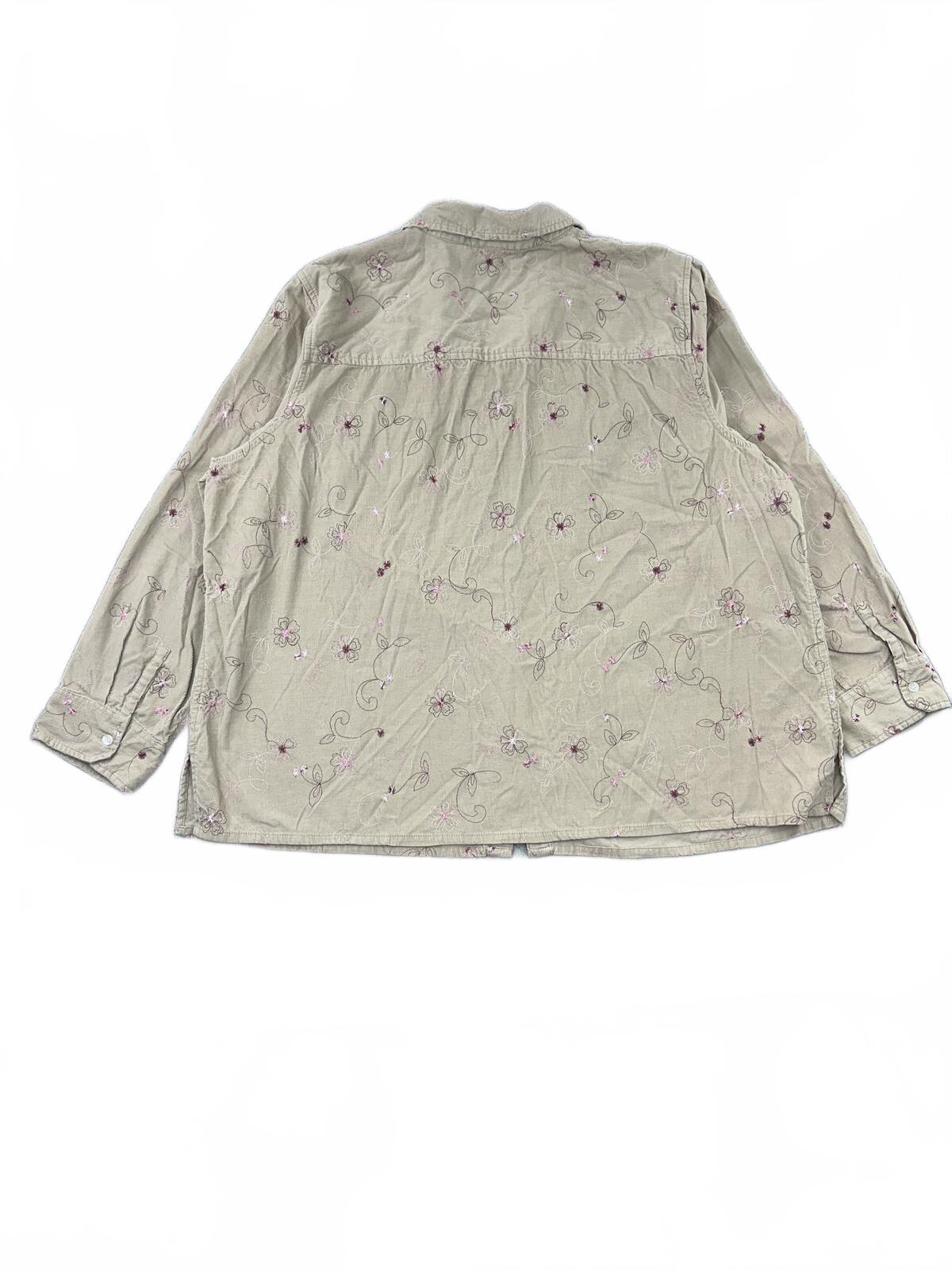LIZ&ME Embroidered Floral Cotton Button Up Shirt Beige Boho Cottage
