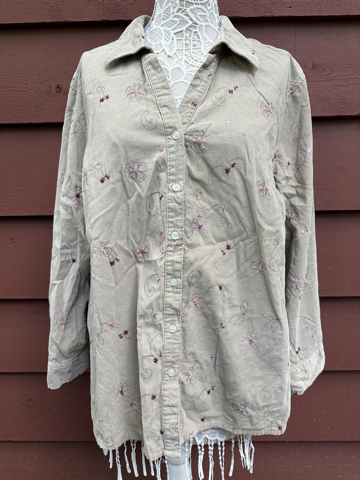 LIZ&ME Embroidered Floral Cotton Button Up Shirt Beige Boho Cottage