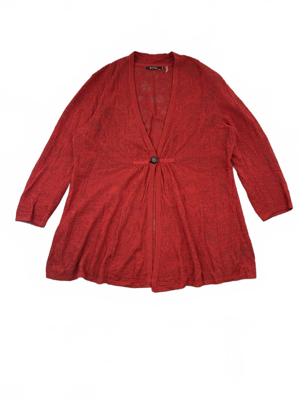 Nic + Zoe Red Open Front Textured Knit Cardigan Boho Lightweight Layering