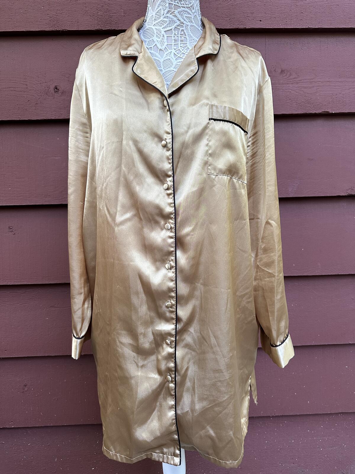 Croft & Barrow Gold Satin Button Front Nightshirt Y2K Vintage Glam Sleepwear