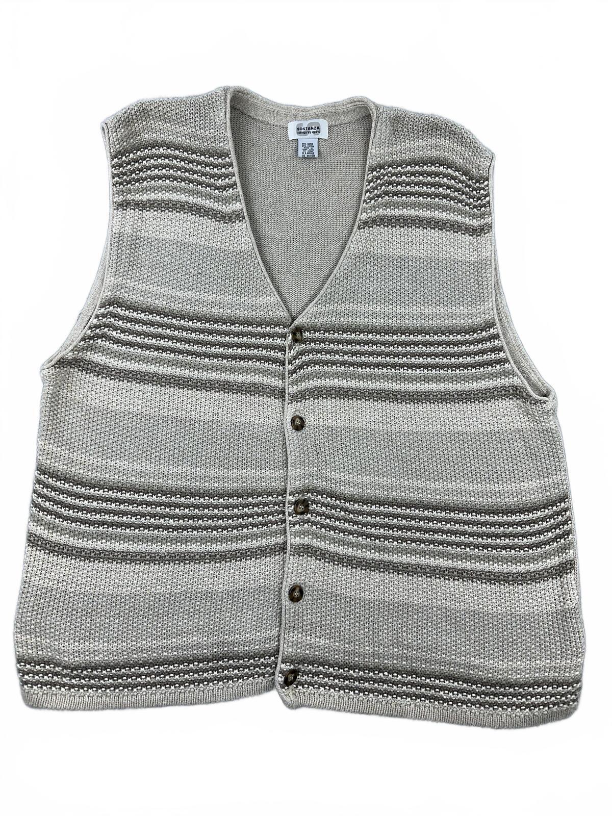 Sostanza Vintage Knit Sweater Vest Gray Taupe Striped Button Front