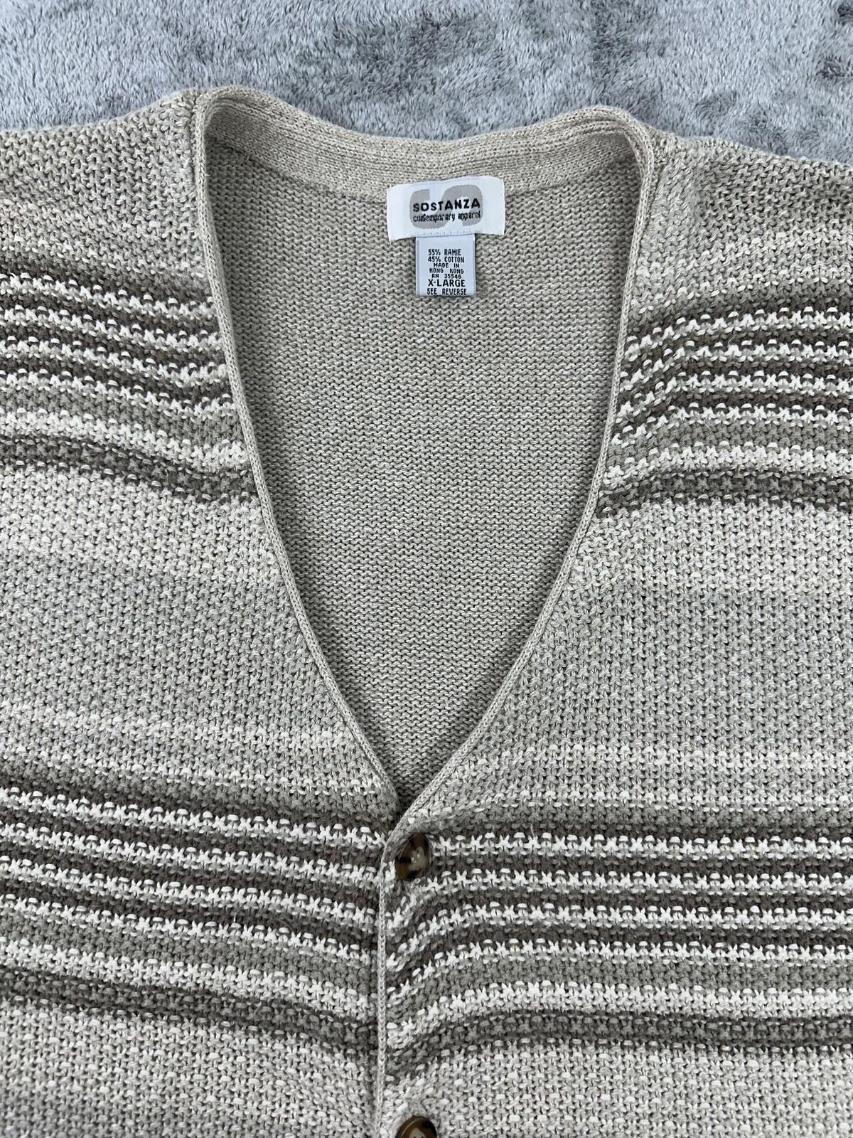Sostanza Vintage Knit Sweater Vest Gray Taupe Striped Button Front