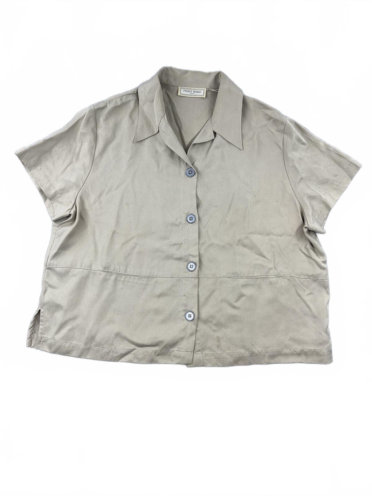 Studio Works Petite Taupe Boxy Cropped Button Front Collared Top