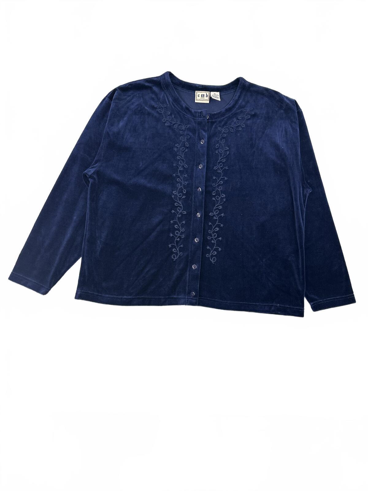 C&B Sport by Croft & Barrow Navy Velour Embroidered Cardigan Vintage Fairy Y2K