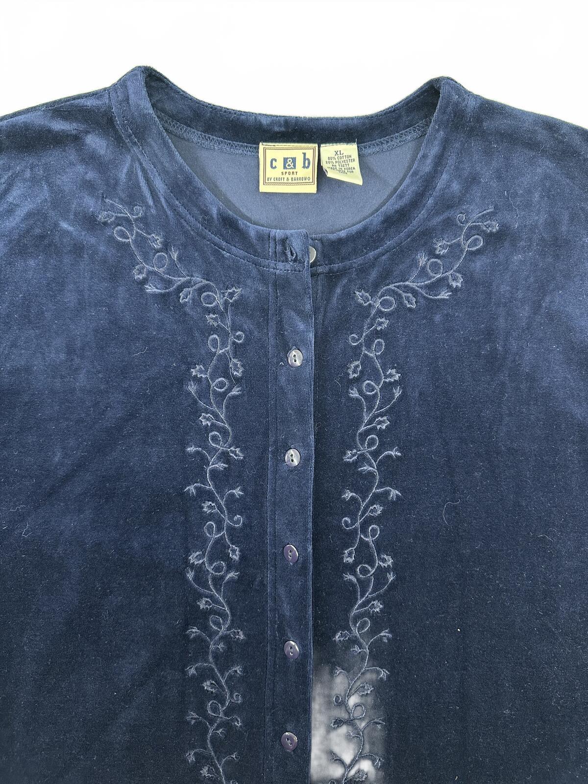 C&B Sport by Croft & Barrow Navy Velour Embroidered Cardigan Vintage Fairy Y2K