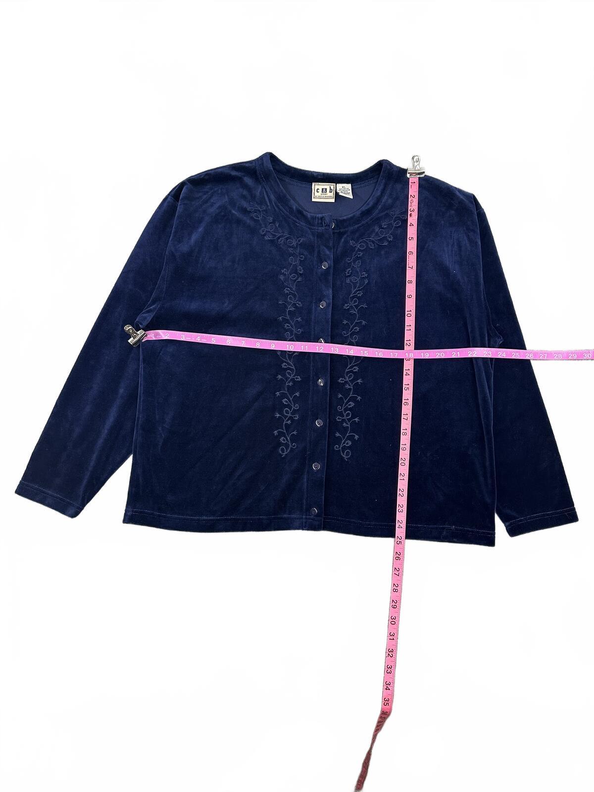 C&B Sport by Croft & Barrow Navy Velour Embroidered Cardigan Vintage Fairy Y2K