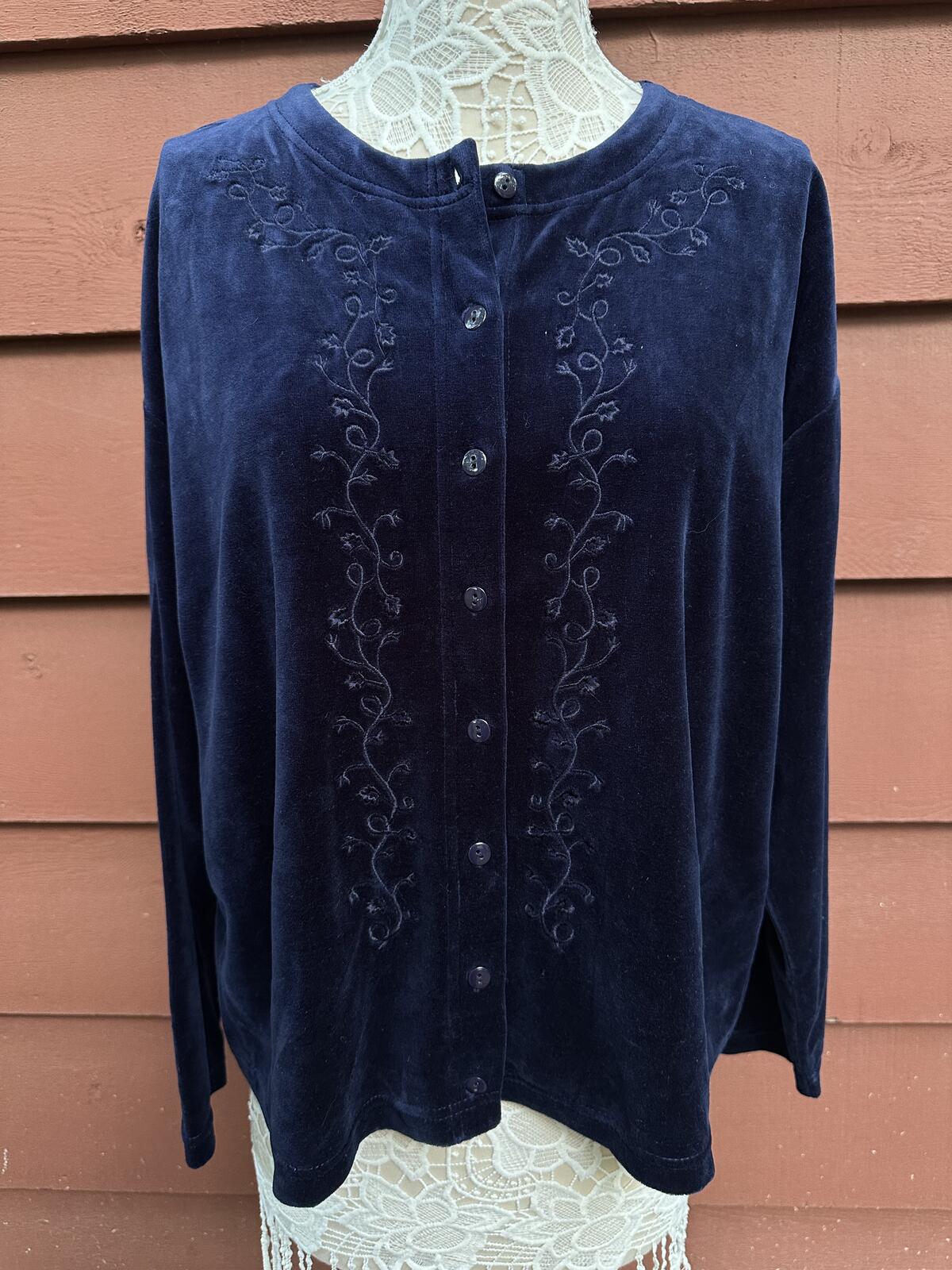 C&B Sport by Croft & Barrow Navy Velour Embroidered Cardigan Vintage Fairy Y2K