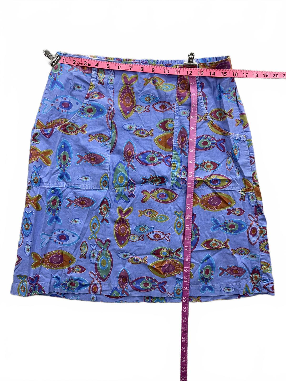 Blue Fish Print Skirt Elastic Waistband Casual Whimsical