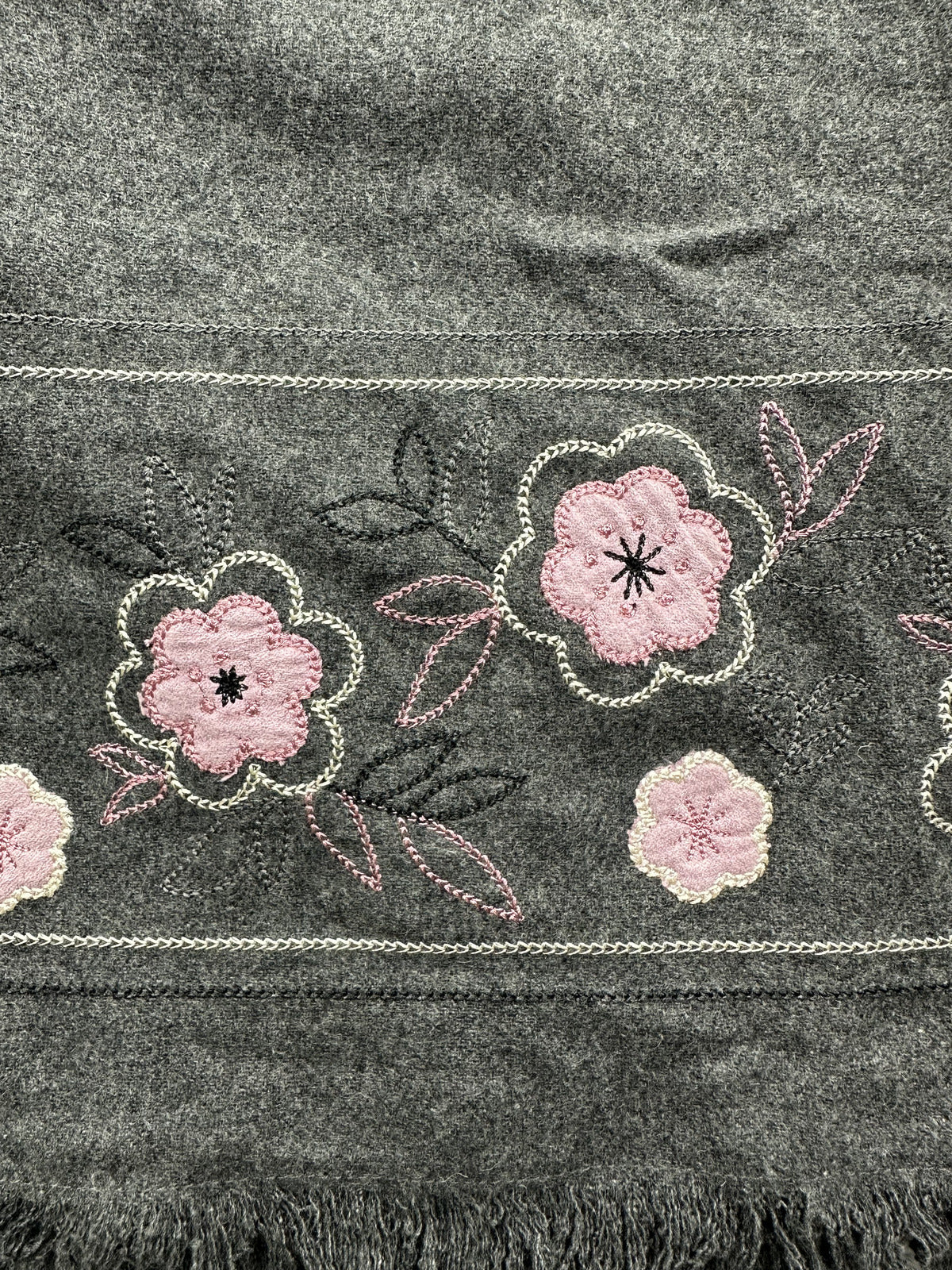 Dressbarn Vintage Gray Wool Skirt with Pink Floral Embroidery and Fringe Hem