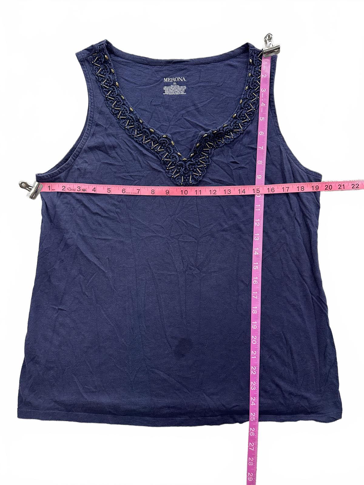 Merona Navy Blue Beaded V Neck Tank Top Casual Summer Cotton Shirt