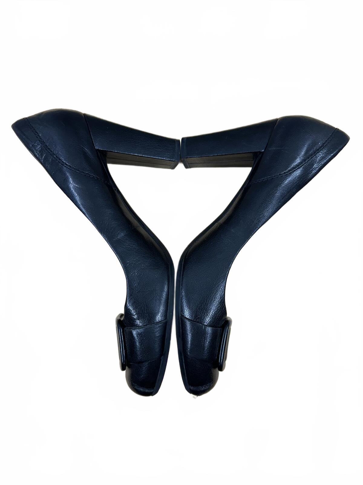 Nine West Black Leather Heeled Pumps with Square Buckle Y2K Office Chic