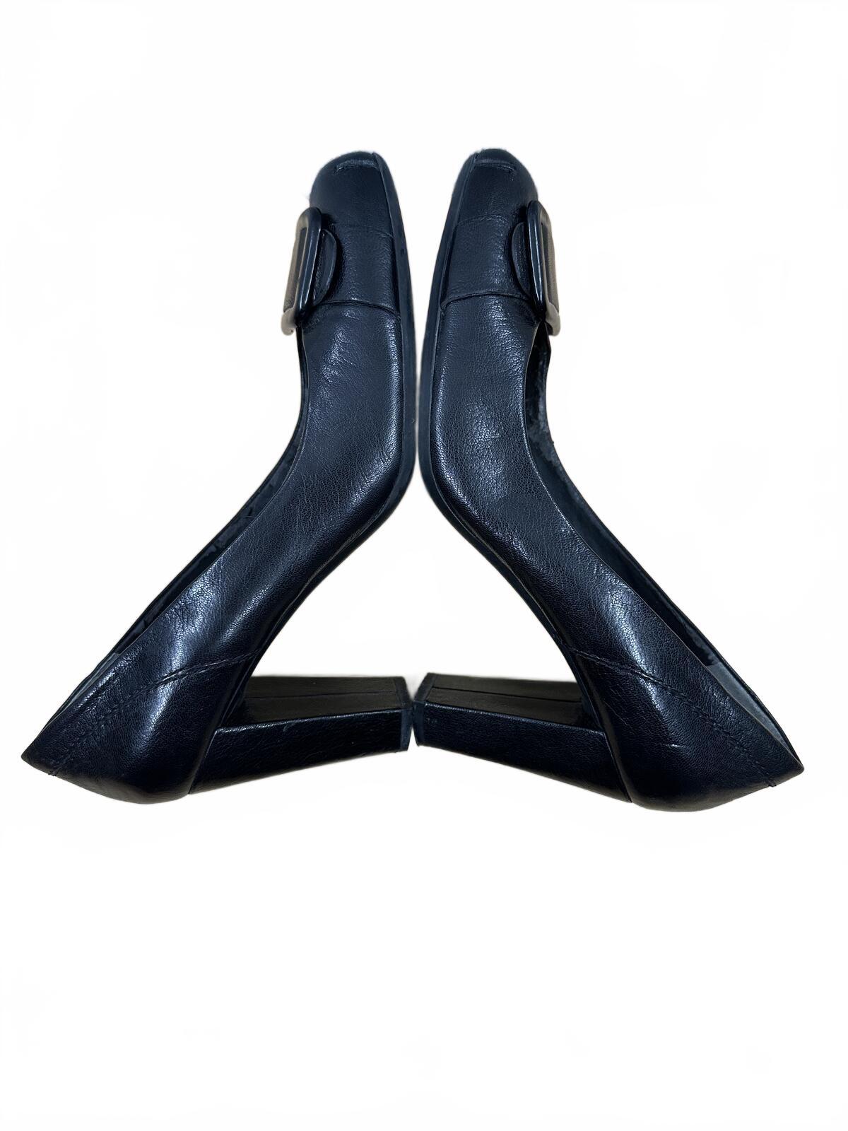 Nine West Black Leather Heeled Pumps with Square Buckle Y2K Office Chic