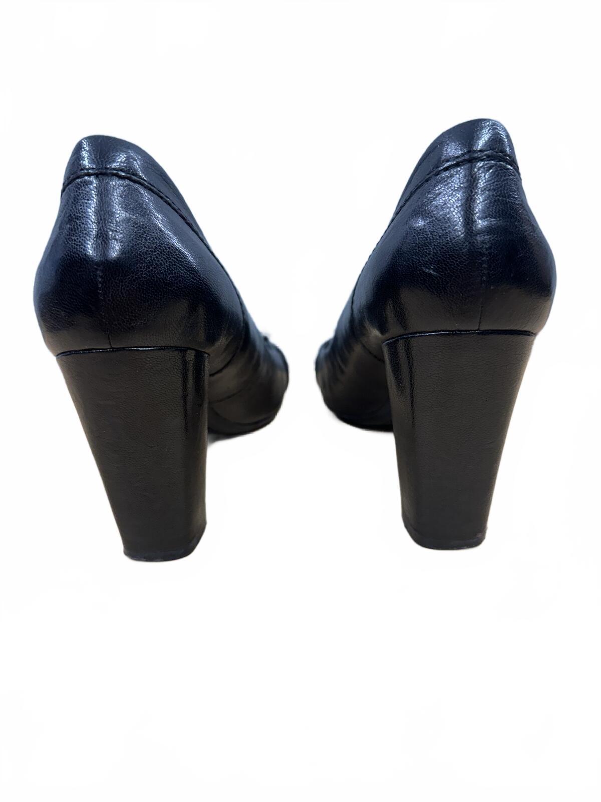 Nine West Black Leather Heeled Pumps with Square Buckle Y2K Office Chic