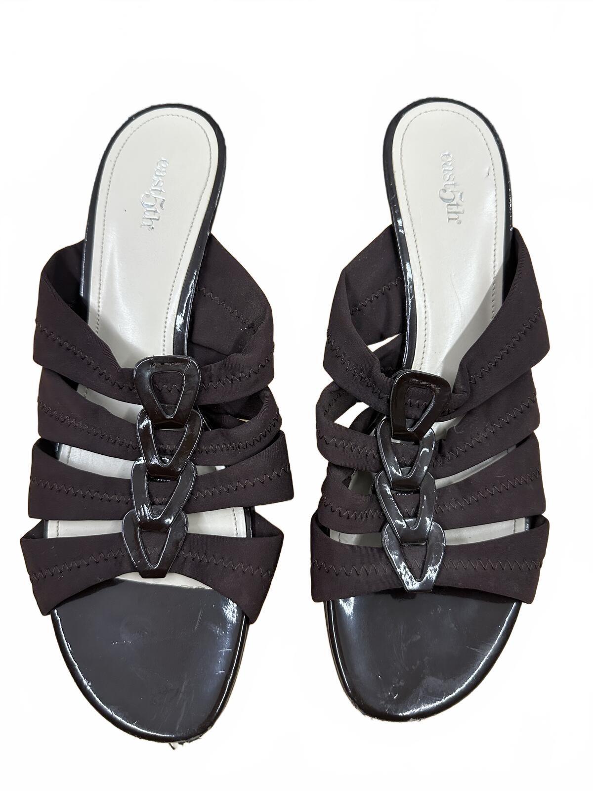 East 5th Black Ruched Mule Heeled Sandals Y2K Party Glam Open Toe Kitten Heel