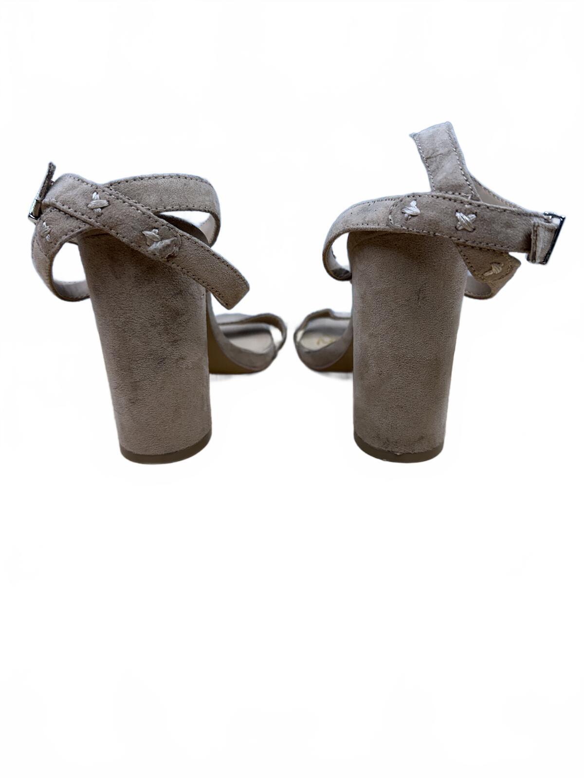 Express Suede Ankle Strap Block Heel Sandals in Neutral Gray Brown