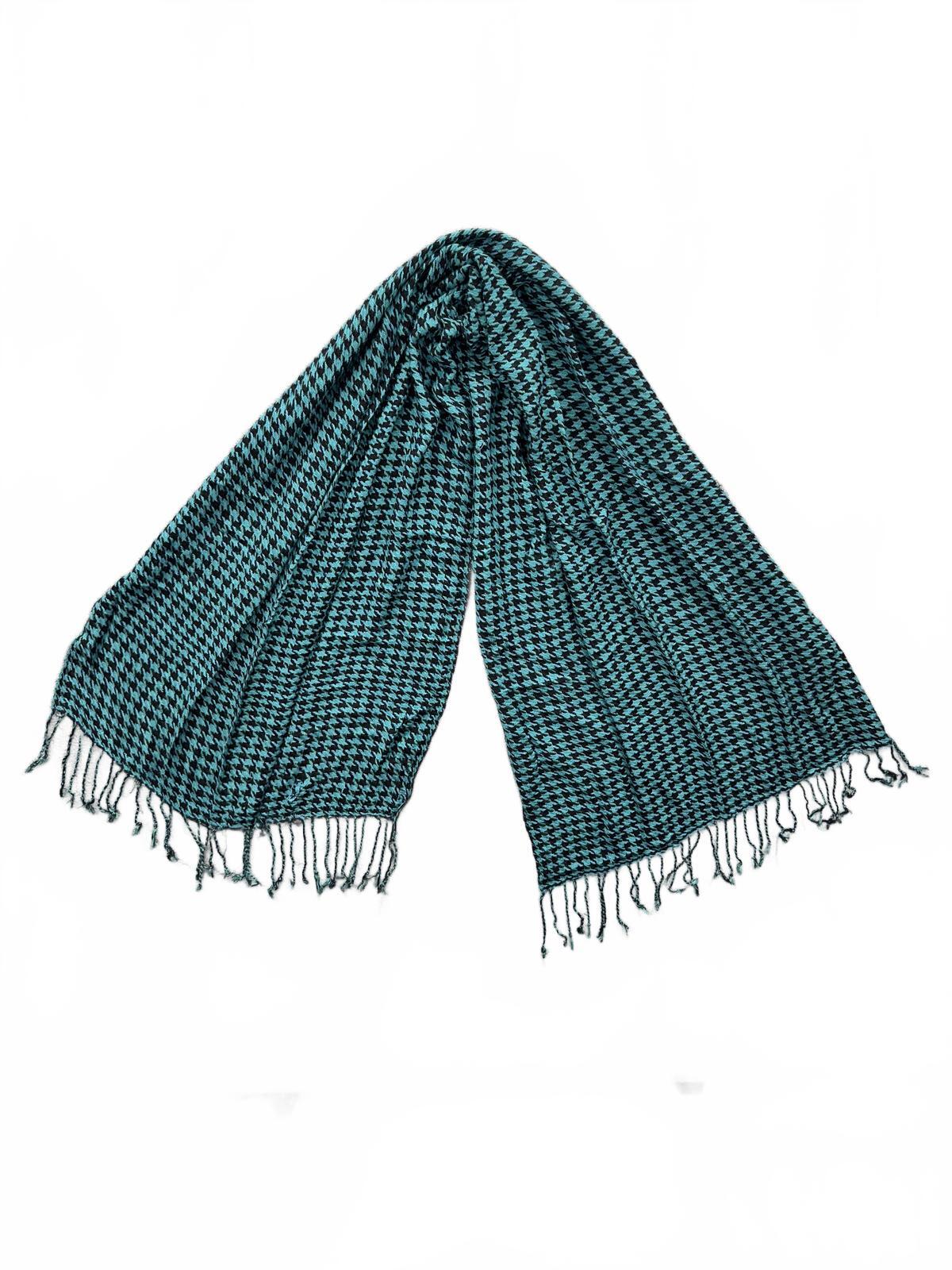 Blue and Black Houndstooth Scarf Wrap Classic Lightweight Boho Fringe