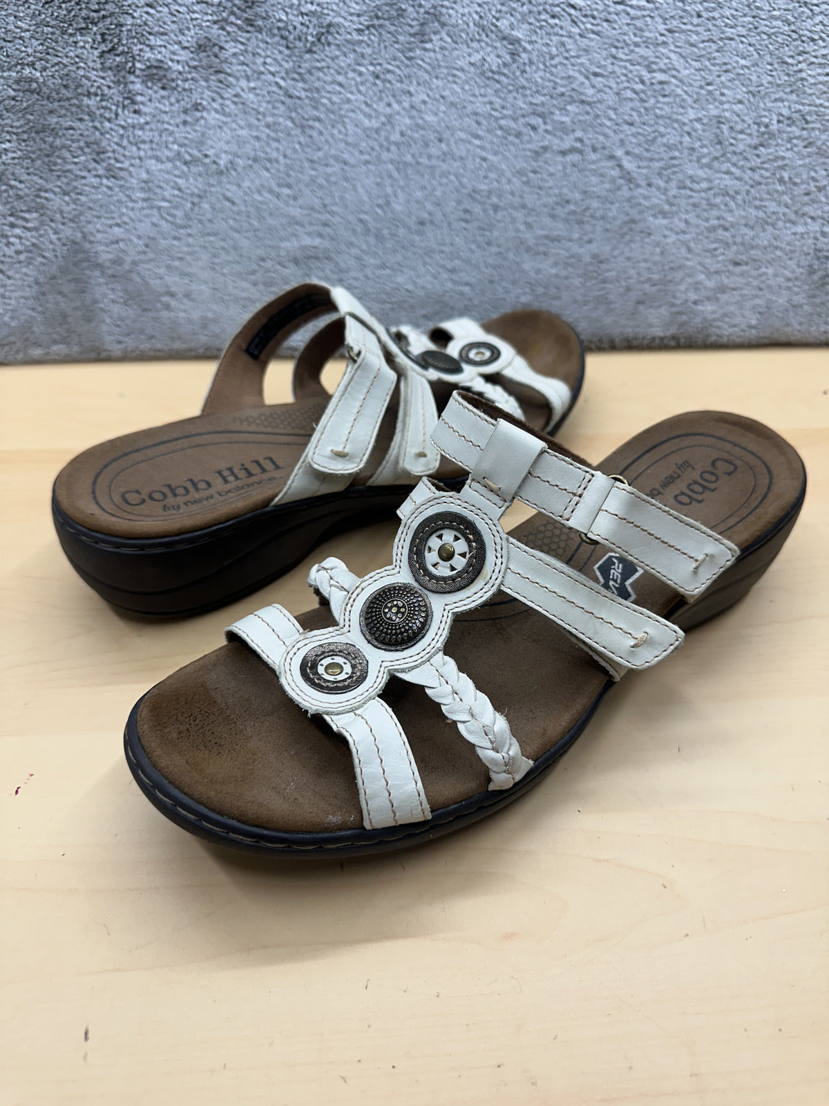 Cobb Hill White Strappy Slide Sandals with Braided and Circular Accents