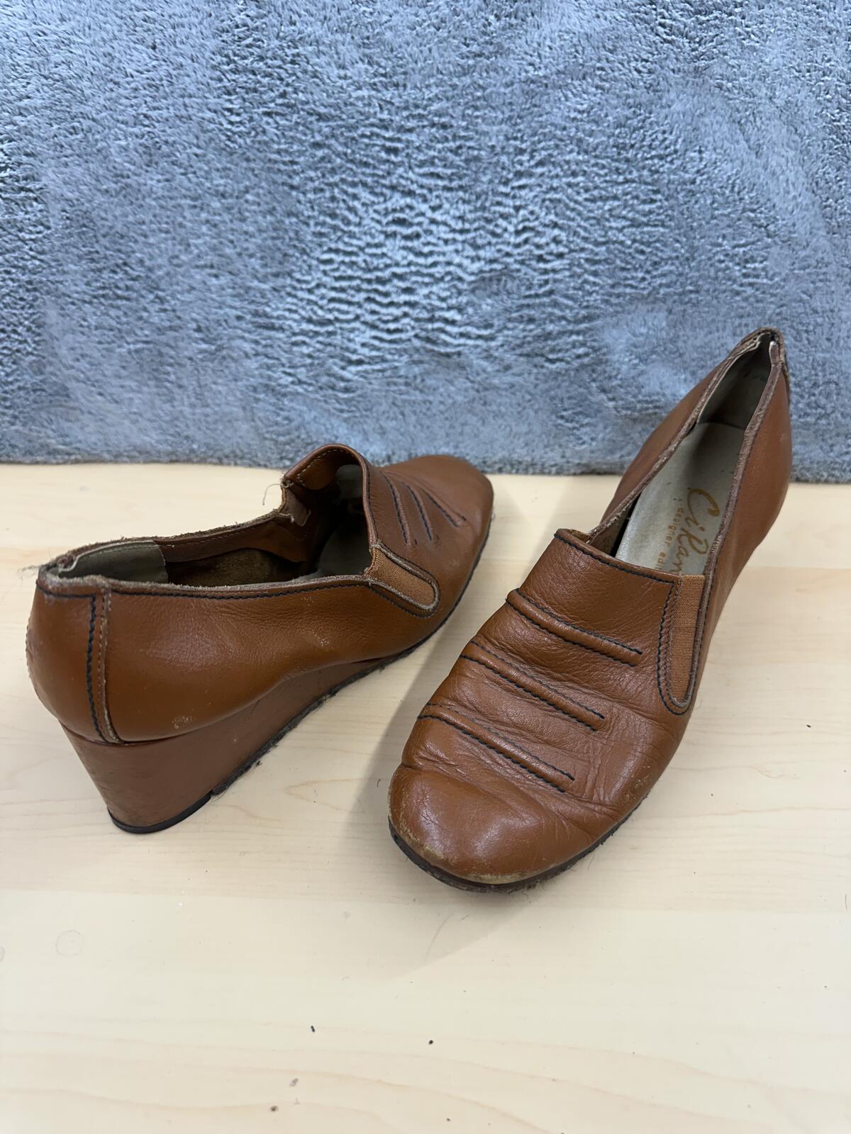 Vintage Brown Leather Wedge Slip On Heels 90s Y2K Retro