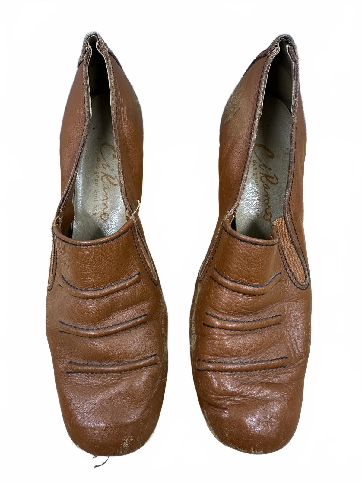 Vintage Brown Leather Wedge Slip On Heels 90s Y2K Retro