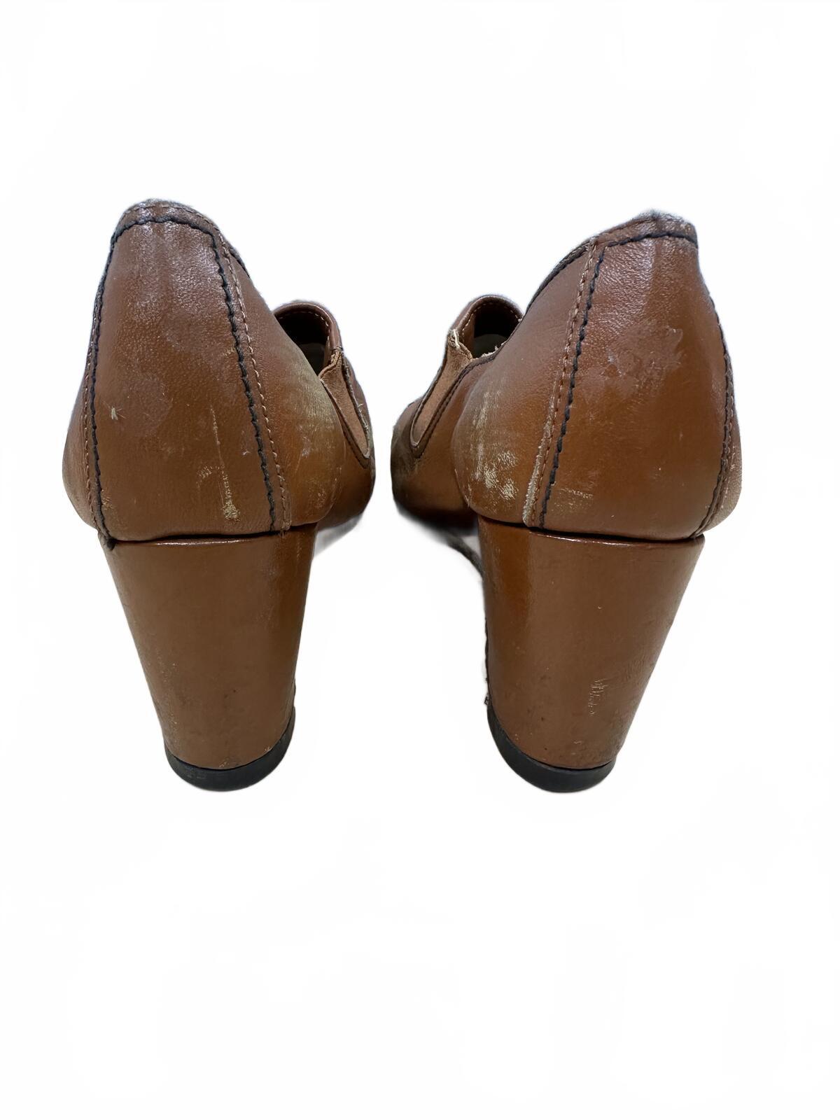 Vintage Brown Leather Wedge Slip On Heels 90s Y2K Retro