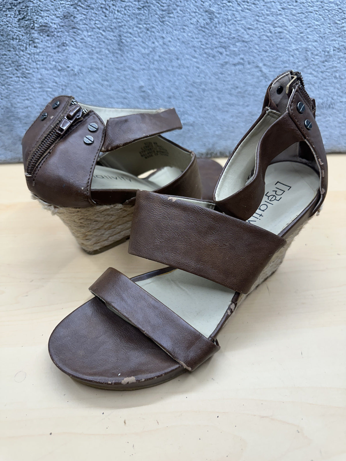 Relativity Brown Wedge Sandals Vintage Inspired with Back Zipper and Studs