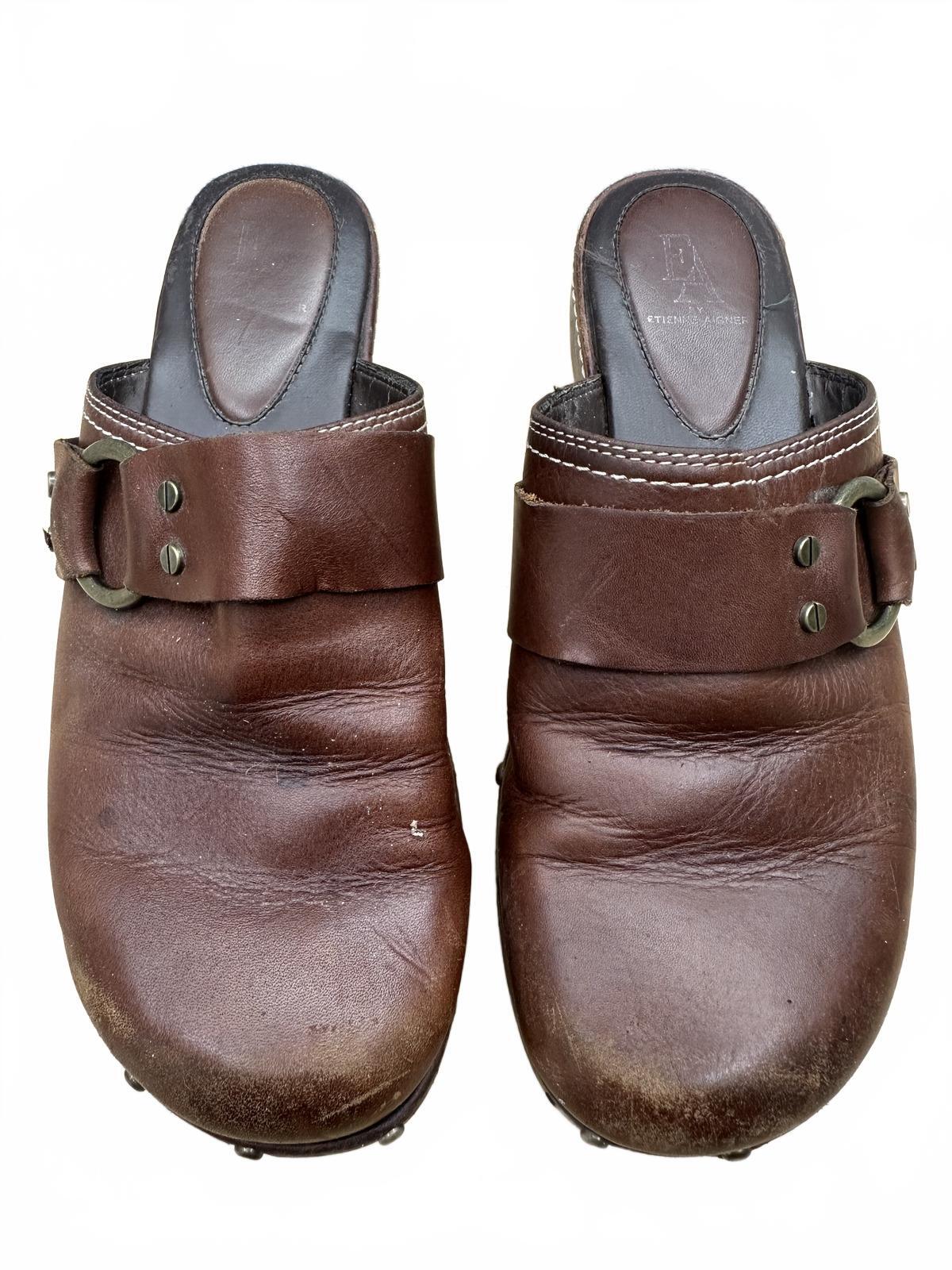 Etienne Aignar Brown Leather Clog Mules Vintage Boho Wooden Wedge Shoes