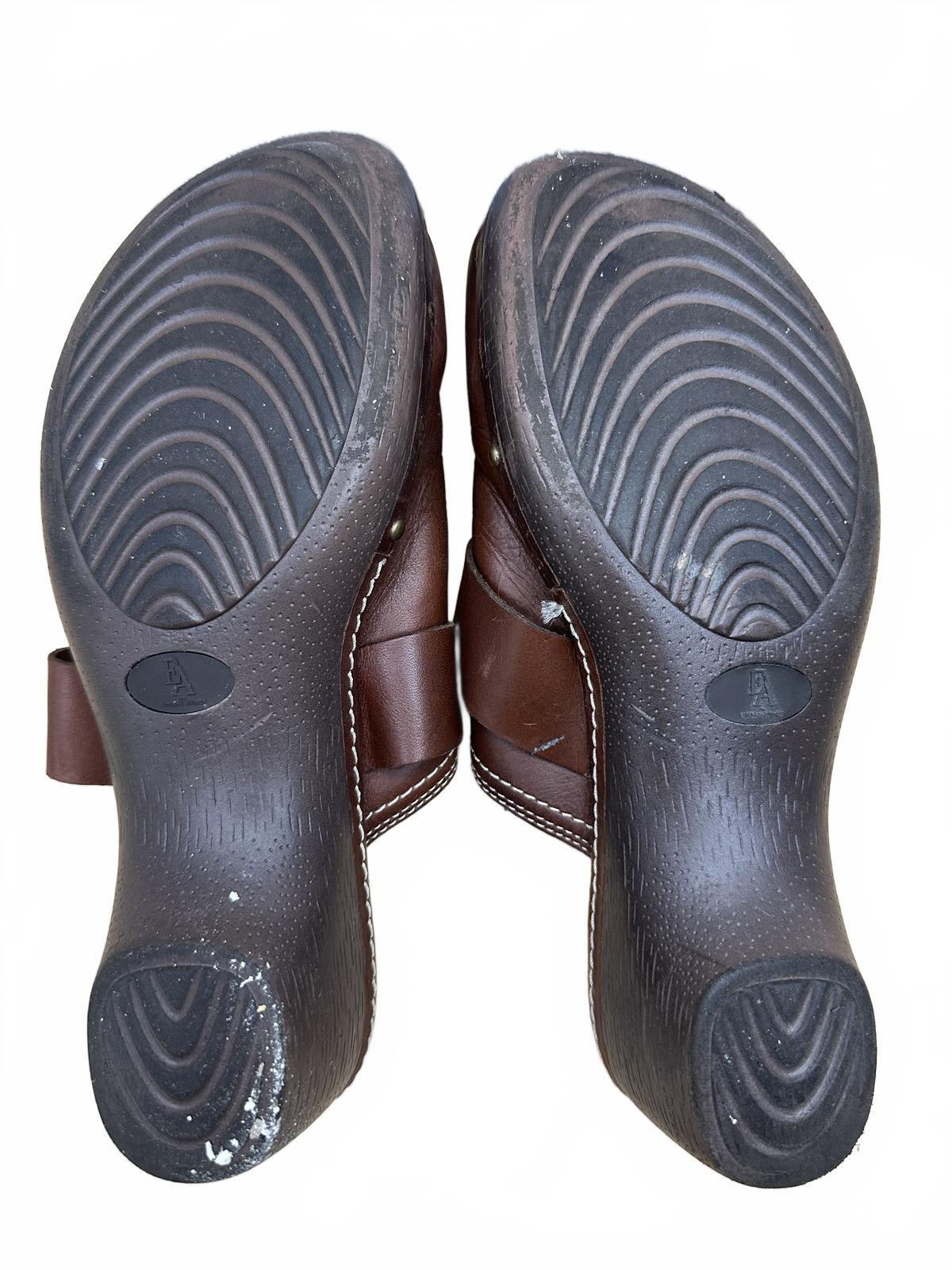 Etienne Aignar Brown Leather Clog Mules Vintage Boho Wooden Wedge Shoes