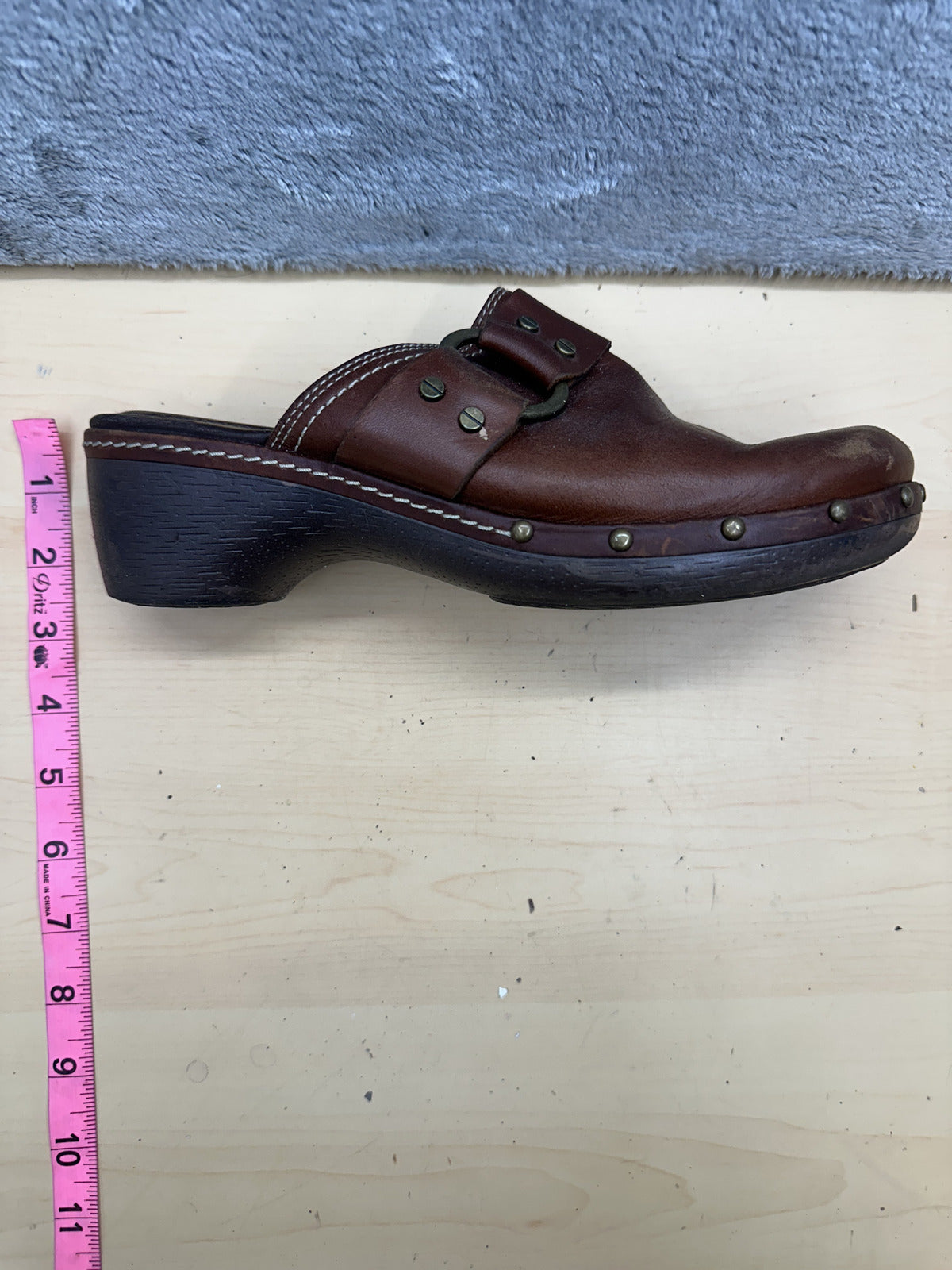 Etienne Aignar Brown Leather Clog Mules Vintage Boho Wooden Wedge Shoes