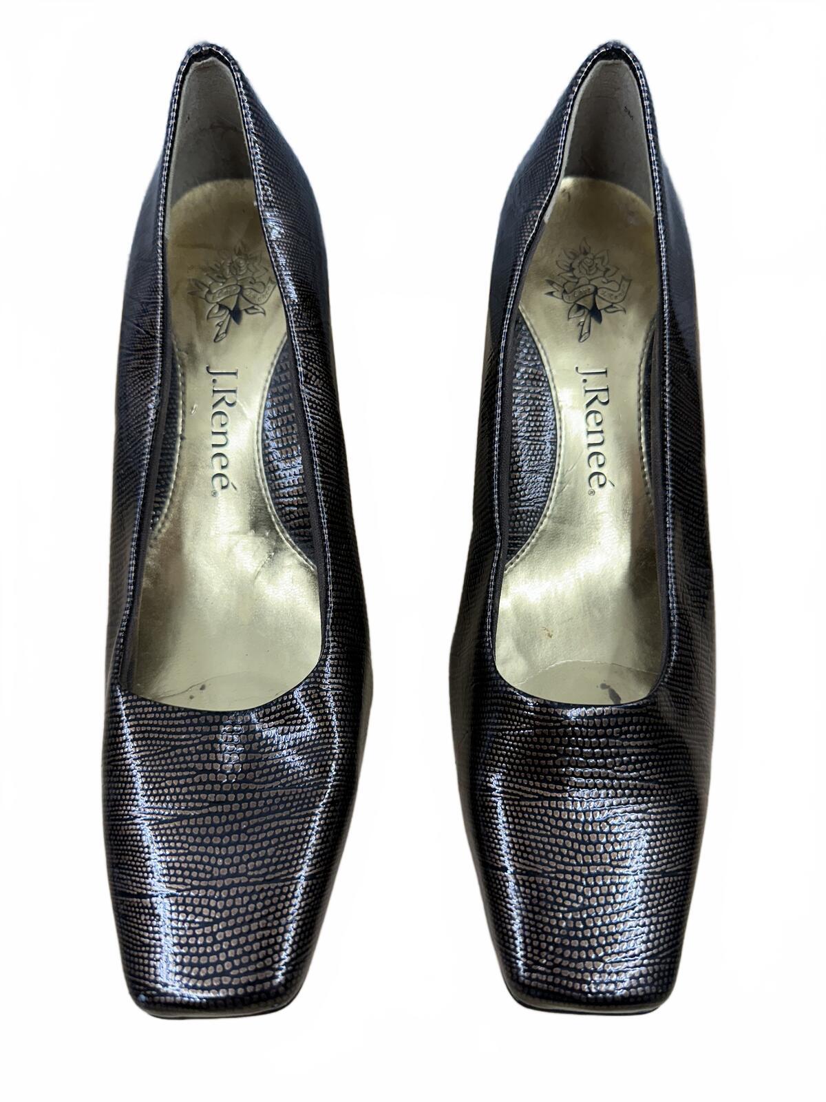 J. Renee Black Textured Kitten Heel Pumps with Gold Detail