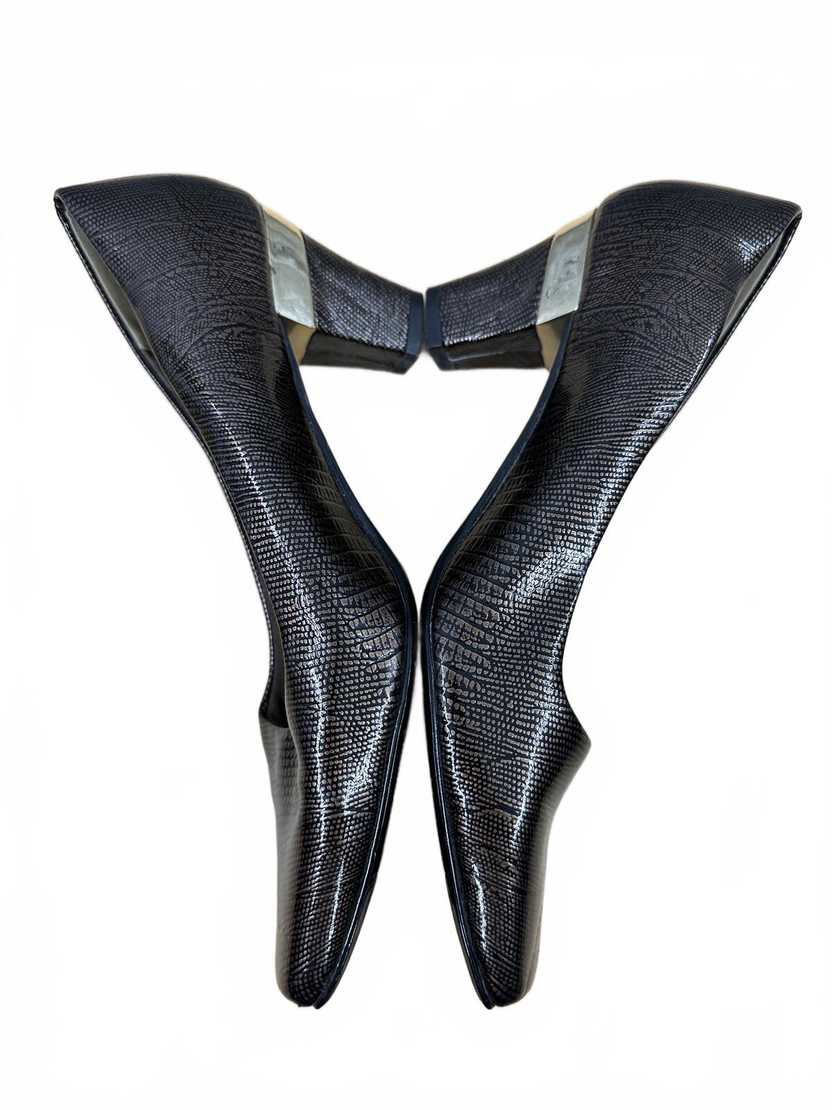 J. Renee Black Textured Kitten Heel Pumps with Gold Detail
