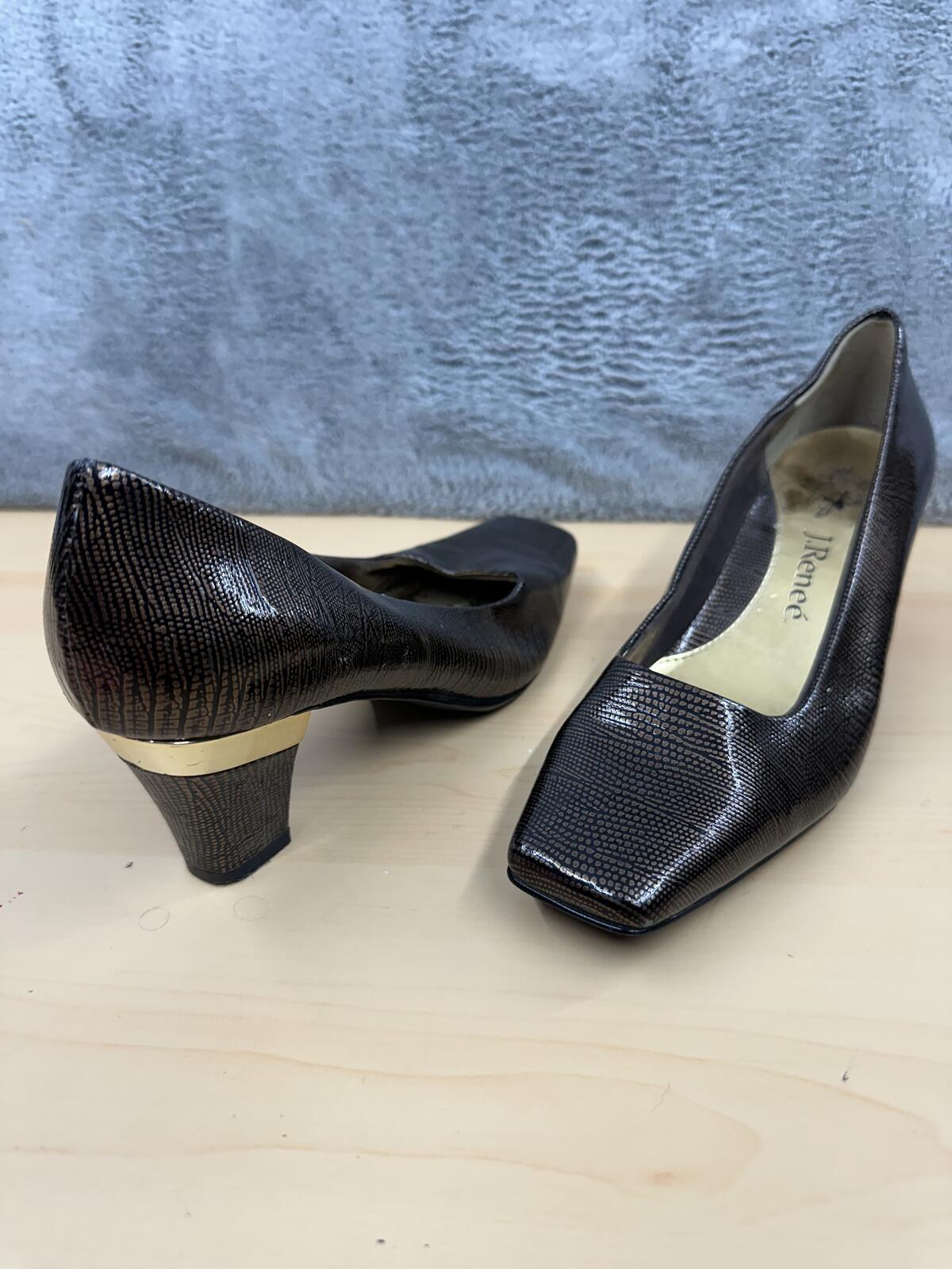 J. Renee Black Textured Kitten Heel Pumps with Gold Detail