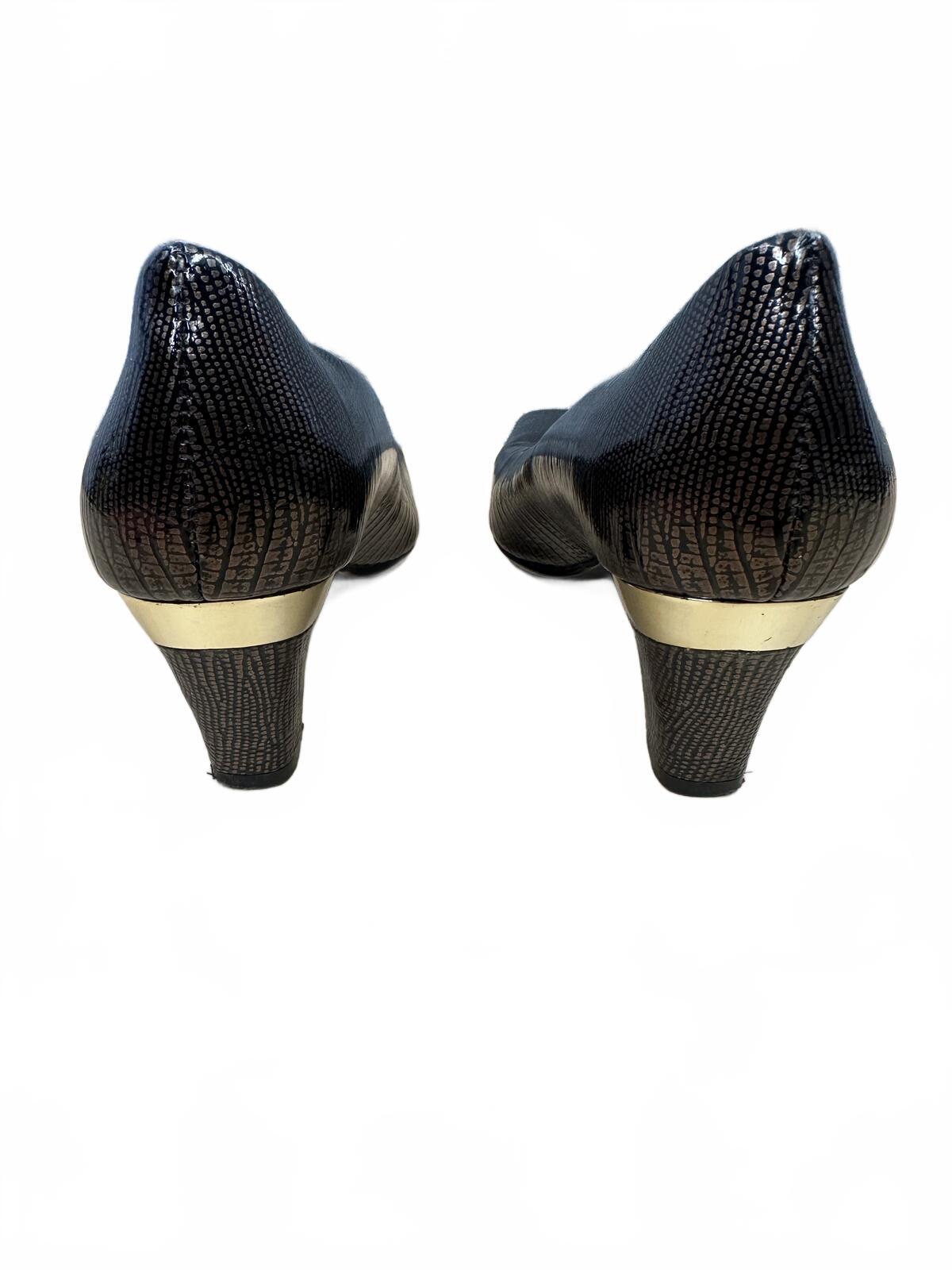 J. Renee Black Textured Kitten Heel Pumps with Gold Detail