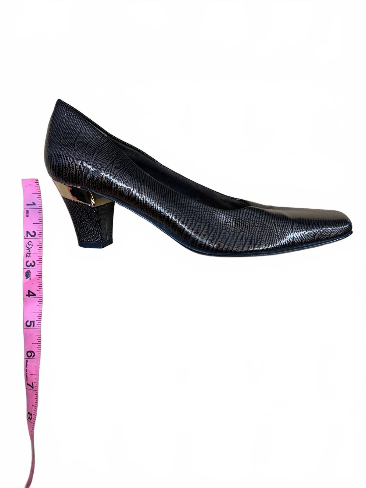 J. Renee Black Textured Kitten Heel Pumps with Gold Detail