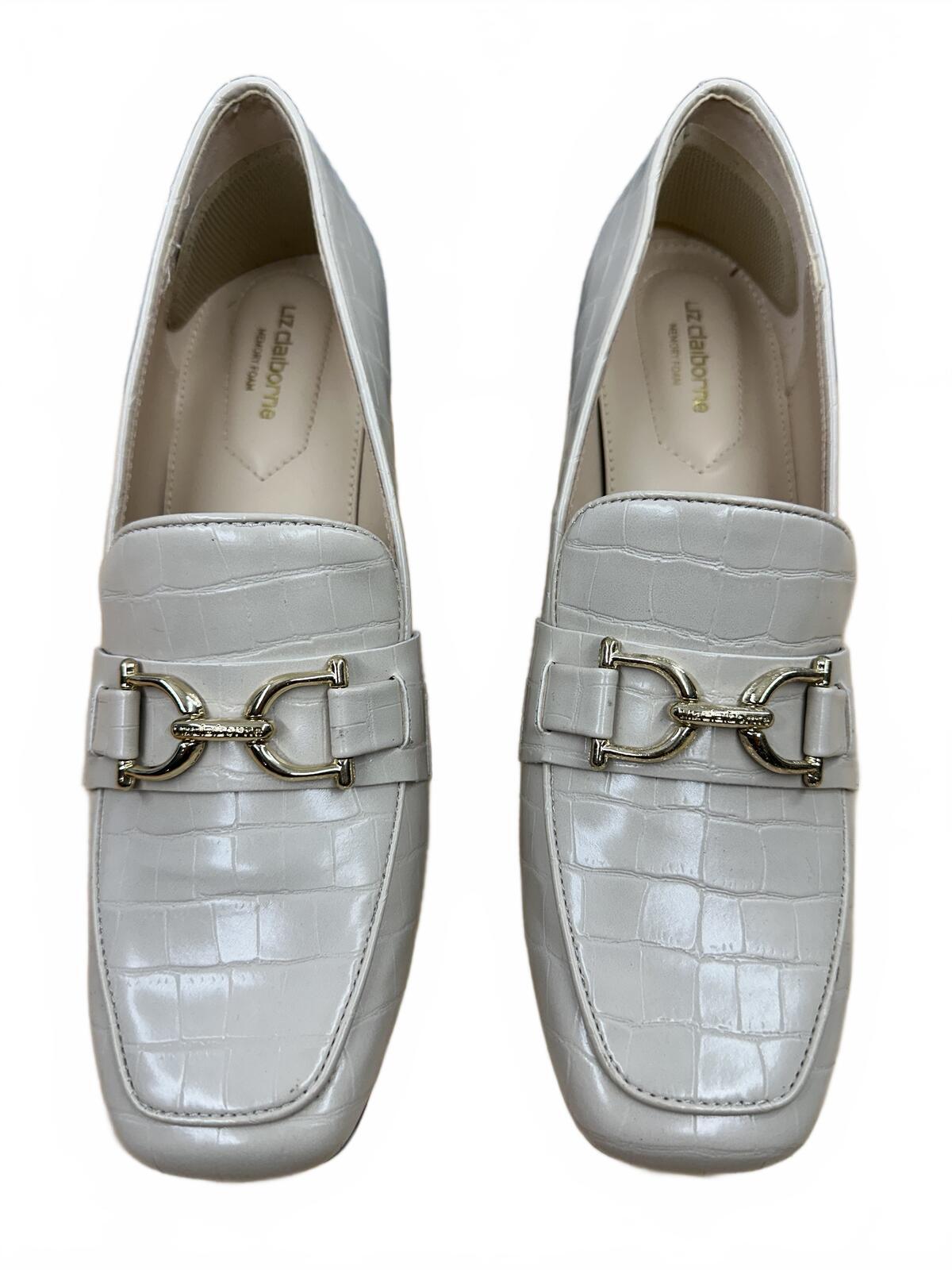 Liz Claiborne White Croc Embossed Loafer Pumps with Gold Horsebit and Block Heel