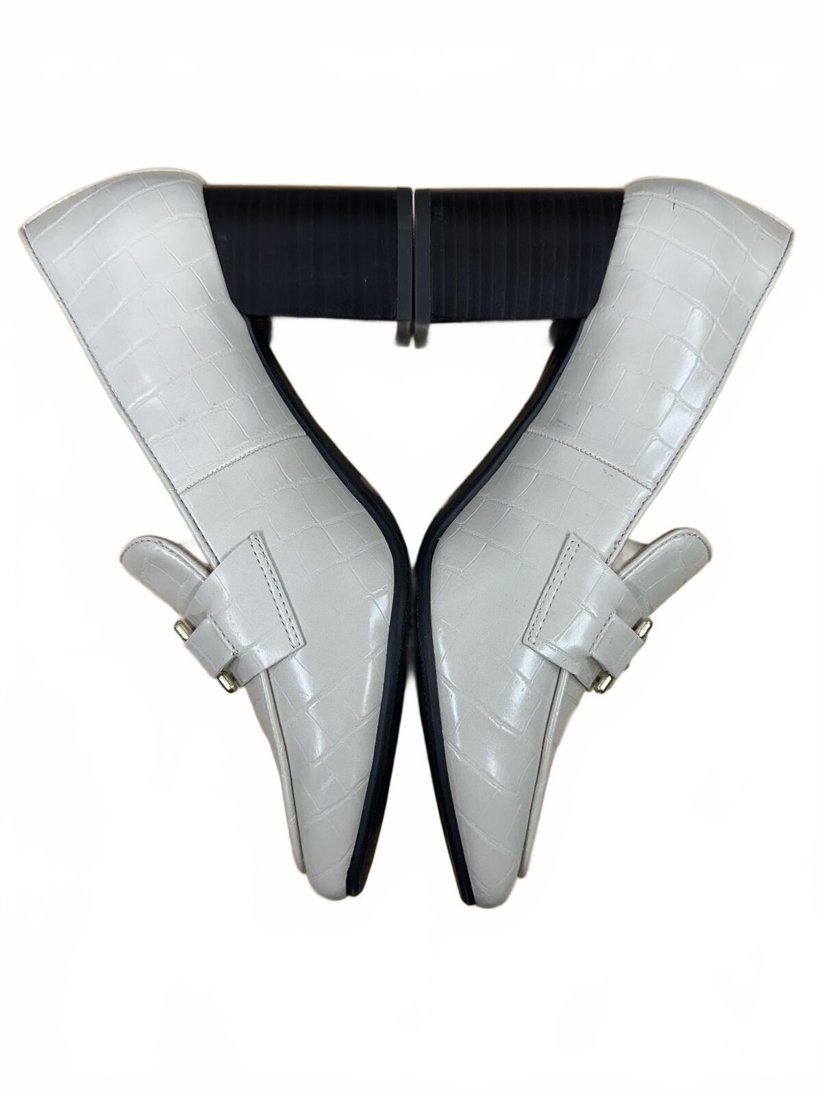 Liz Claiborne White Croc Embossed Loafer Pumps with Gold Horsebit and Block Heel